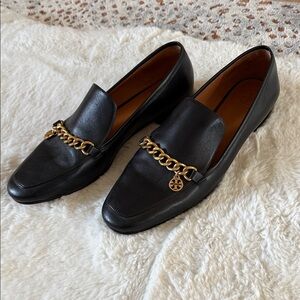 Tori Burch Black Loafers with Gold Chain Accent